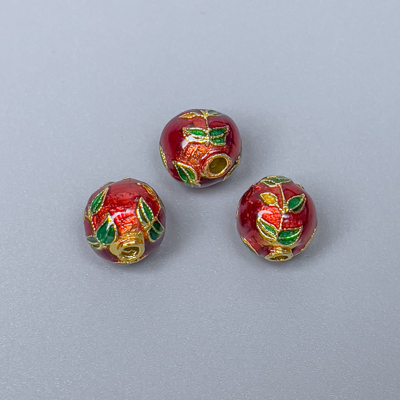 Cloisonne Bead, Red and Green Enamel, 9 mm Diameter, 2 mm Hole, Gold-Tone Metal, 1 Piece