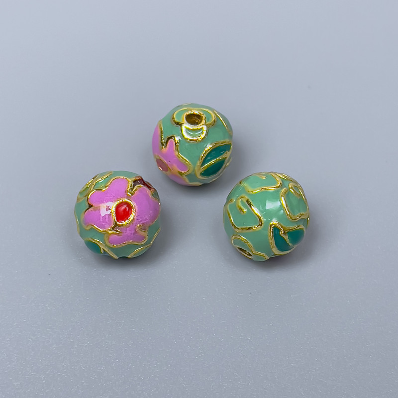 Cloisonné Bead in Lavender and Light-Green Enamel, 10 mm Diameter, 2 mm Hole, Gold-Tone Metal, 1 pc