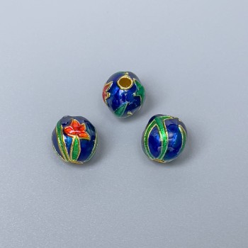 Cloisonné Bead - blue, red, and green enamel, diameter 9 x 9.5 mm, hole 2.1 mm, gold-tone metal, 1 pc