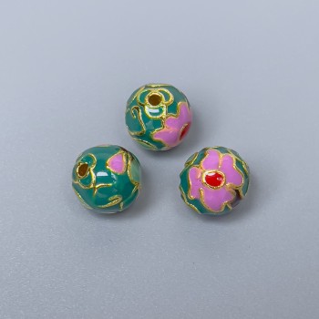 Cloisonné Bead Purple-Lilac and Green Enamel, 10mm diameter, 2mm hole, gold-tone metal, 1 pc