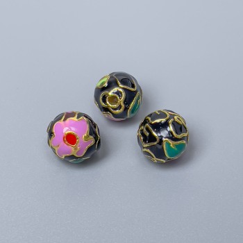 Cloisonné Bead - Black, Purple & Green Enamel, 10 mm Diameter, 2 mm Hole, Gold-Tone Metal Color, 1 pc