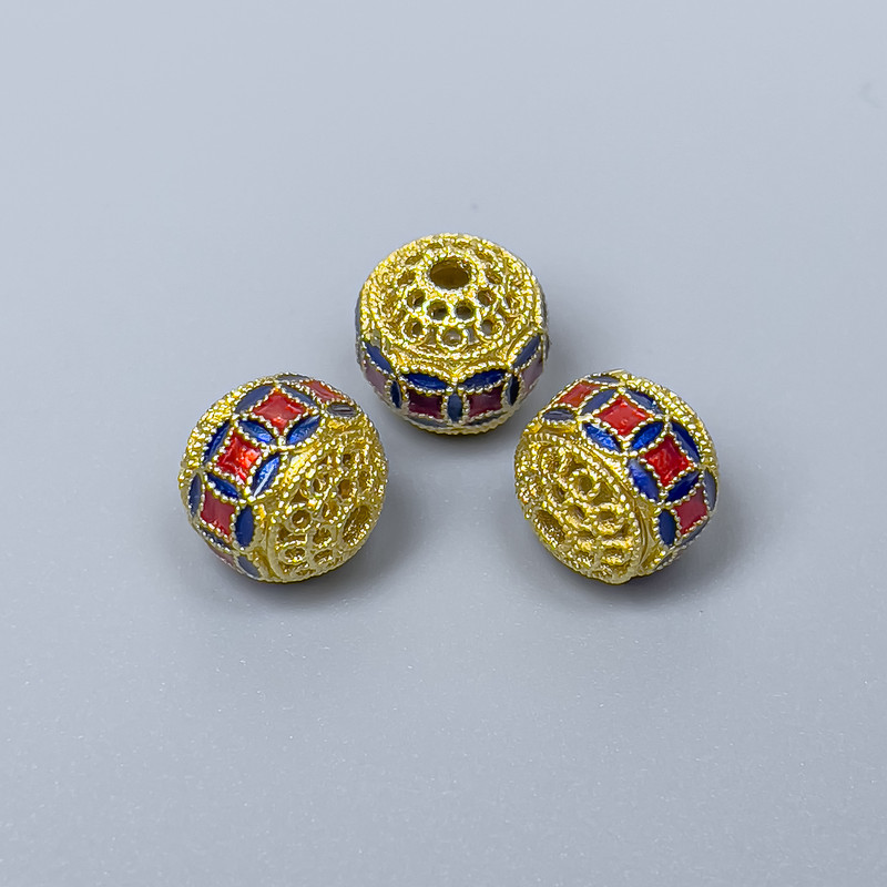Cloisonne Bead, red and blue enamel, 10mm diameter +/- 2mm hole, gold-tone metal, 1 piece