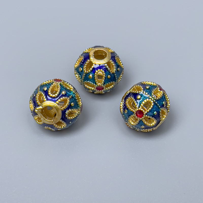 Cloisonné Pandora Bead blue, turquoise and red enamel, diameter 11mm, hole 3mm, gold-tone metal color, 1 pc