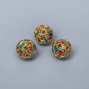 Cloisonné Bead, red and turquoise enamel, 10 mm diameter, 2 mm hole, gold-tone metal color, 1 pc