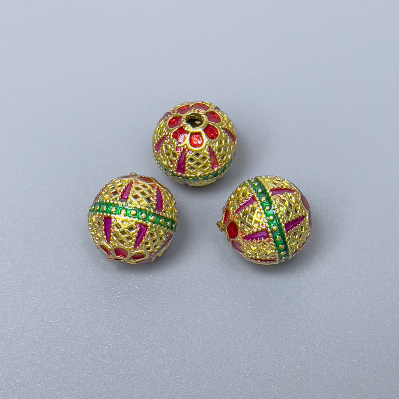 Cloisonné Bead - Green, Red and Raspberry Enamel, 10 mm diameter, 1.8 mm hole, Gold-tone metal color, 1 pc