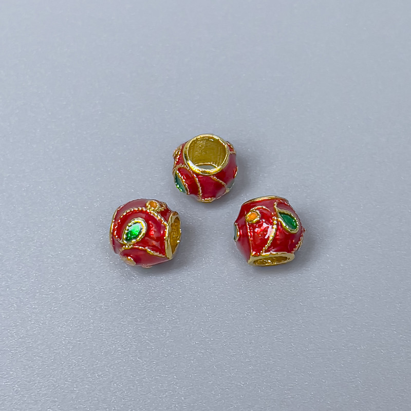 Cloisonné Bead Findings: Red-Green Enamel, 7x7 mm, hole diameter 3.8 mm, gold-tone metal, 1 piece