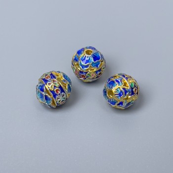 Cloisonné Bead, Blue Enamel, 8 mm diameter, hole diameter 1.5 mm, Gold-tone metal, 1 pc