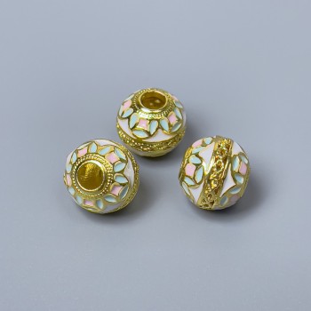Cloisonné Bead - Pink and White Enamel, 10×9 mm, 3.5 mm hole, gold-tone metal, 1 piece