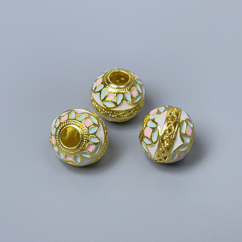 Cloisonné Bead - Pink and White Enamel, 10×9 mm, 3.5 mm hole, gold-tone metal, 1 piece