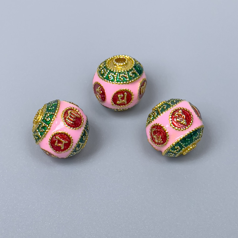 Cloisonné Bead Findings, red, green and pink enamel, diameter 10mm ±, hole diameter 2mm, gold-tone metal, 1 pc