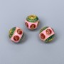 Cloisonné Bead Findings, red, green and pink enamel, diameter 10mm ±, hole diameter 2mm, gold-tone metal, 1 pc
