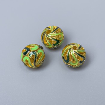 Cloisonné bead with green enamel, 10 mm diameter, hole 2 mm, gold-tone metal, 1 pc