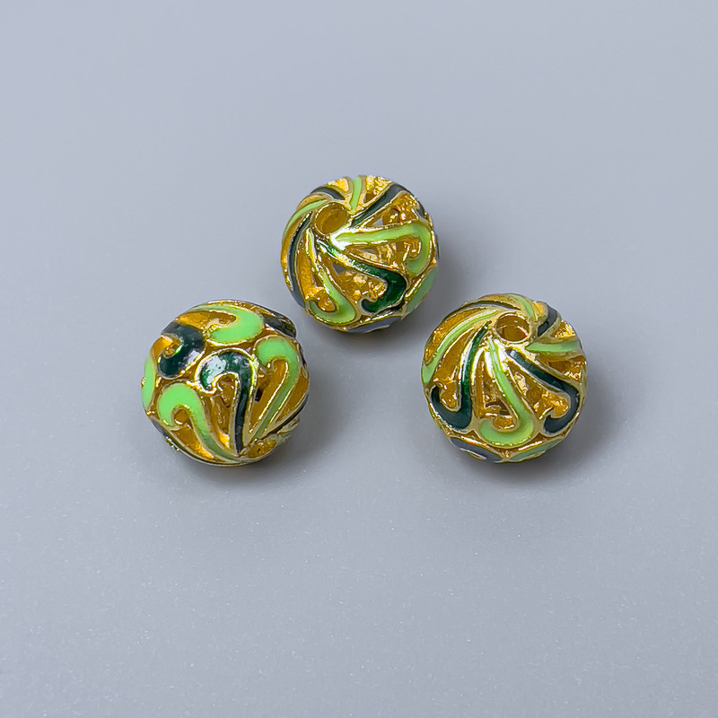 Cloisonné bead with green enamel, 10 mm diameter, hole 2 mm, gold-tone metal, 1 pc