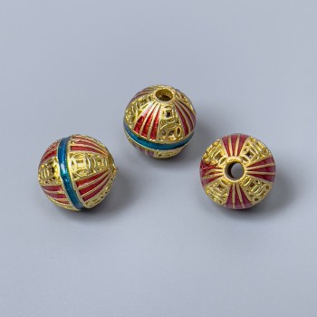 Cloisonné Bead Findings, red-turquoise enamel, 10 mm diameter, hole about 2 mm, gold-tone metal color, 1 pc