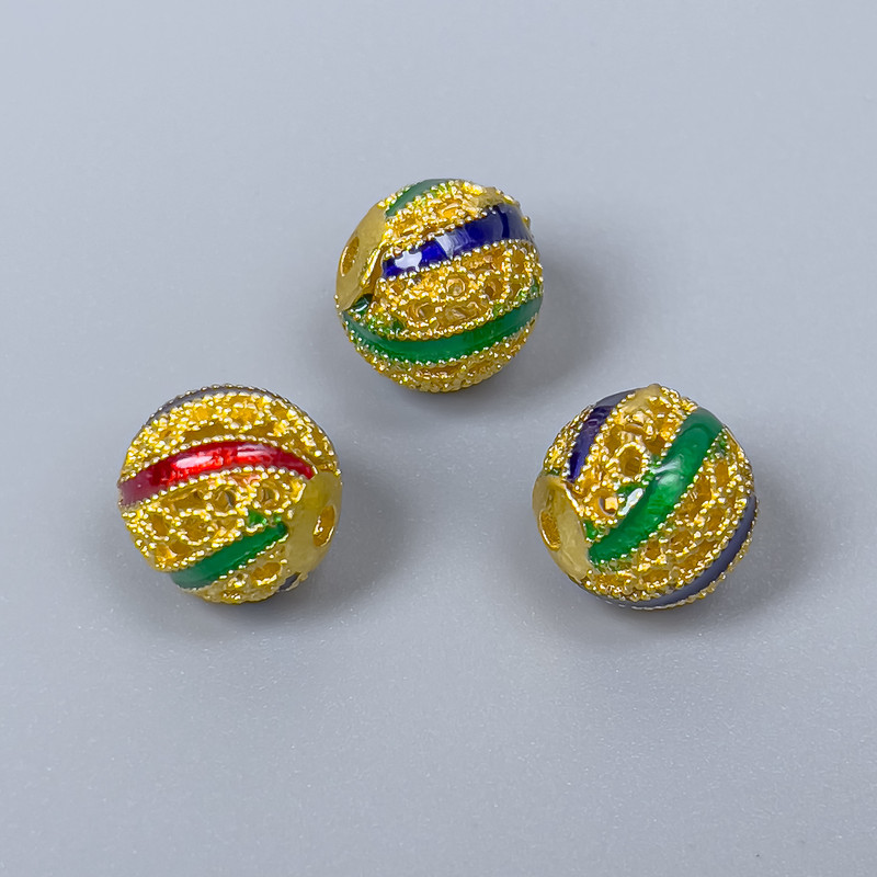 Cloisonné Bead - blue, red, green enamel, 10 mm diameter ±, 1.8 mm hole, gold-tone metal, 1 pc