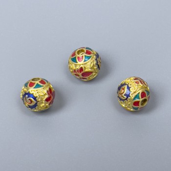 Cloisonné Bead - Blue, Red, Turquoise Enamel, 8mm Diameter, 1.5mm Hole, Gold-Tone Metal Color, 1 pc