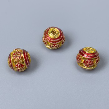 Cloisonne Bead with Red Enamel, 10 mm diameter, 1.8 mm hole, gold-tone metal color, 1 pc