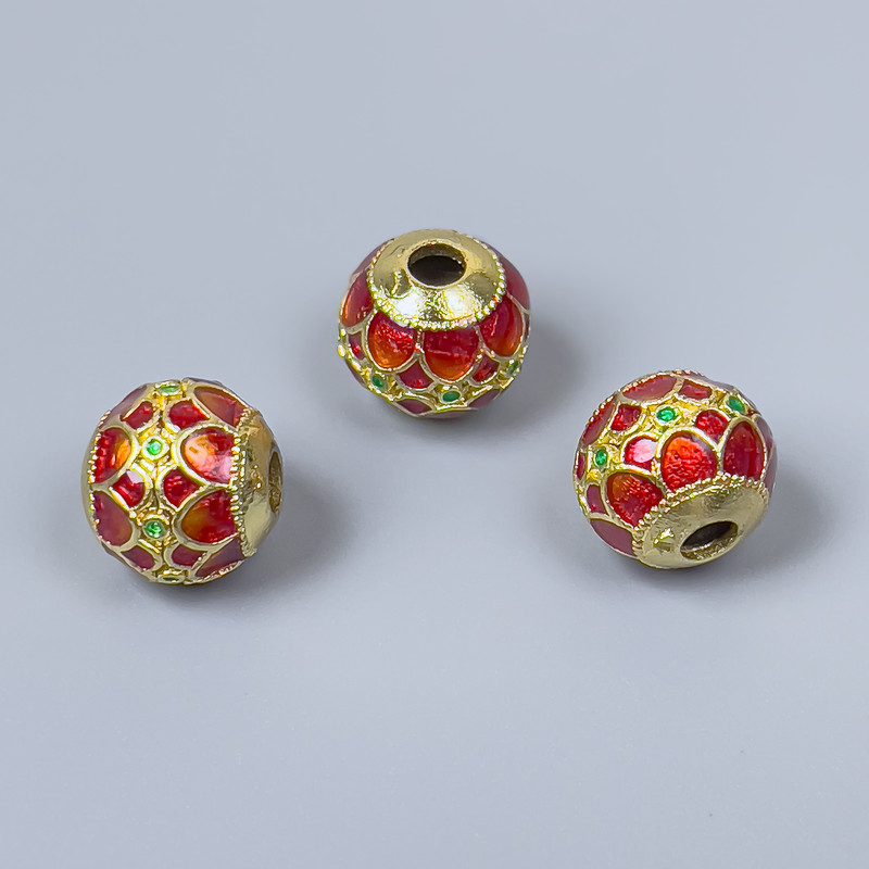 Cloisonné Bead Red and Green Enamel, 10x9 mm diameter, 3 mm hole, Gold-Colored Metal, 1 pc