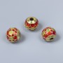 Cloisonné Bead Red and Green Enamel, 10x9 mm diameter, 3 mm hole, Gold-Colored Metal, 1 pc
