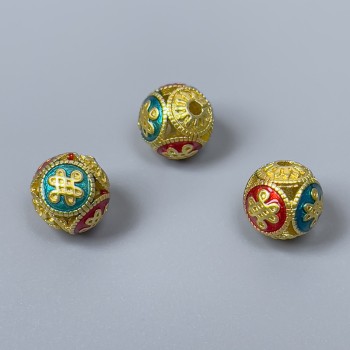 Cloisonné Bead with red and turquoise enamel, 10mm diameter, 1.8mm hole, gold-tone metal, 1 pc