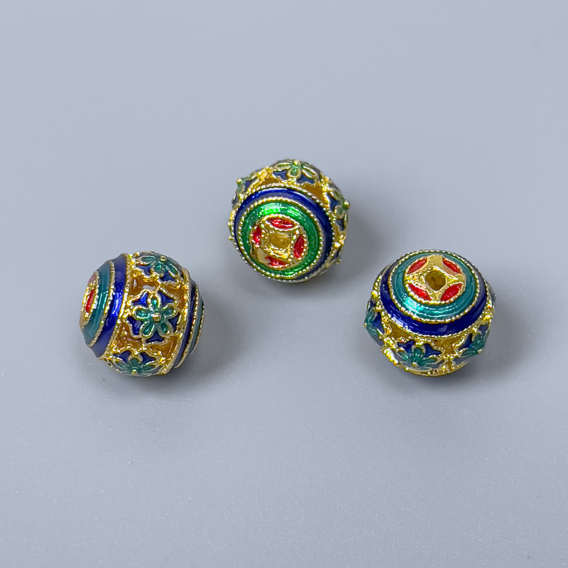 Cloisonné Bead Fittings - enamel in blue, red, sky blue, and green; size 10×9 mm; hole diameter 1.5 mm; gold-tone metal; 1 piece