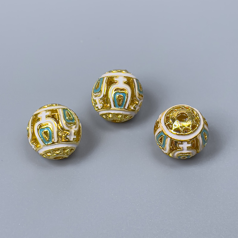 Cloisonné bead white-blue enamel, 10 mm diameter, hole diameter 1.8 mm, gold-tone metal, 1 piece