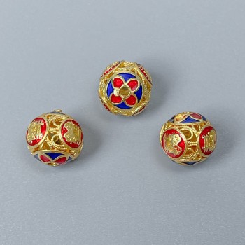 Cloisonné Bead Blue and Red Enamel, 10 mm Diameter, Hole About 1.5 mm, Gold-Tone Metal, 1 Piece