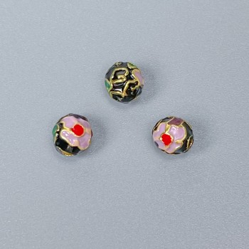 Cloisonné Bead in Black, Purple, and Green Enamel, 6 mm diameter, 1 mm hole, gold-tone metal, 1 pc