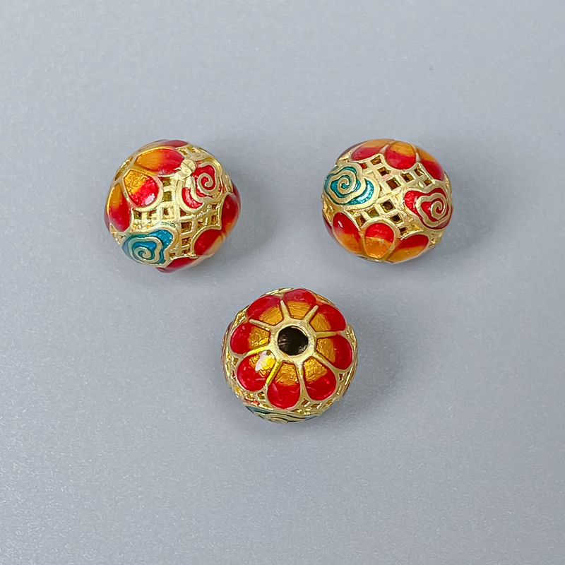 Cloisonné Bead - red, yellow, green enamel, 10x9 mm, 2 mm hole, gold-tone metal, 1 pc