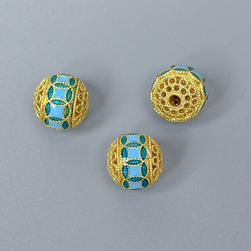 Cloisonne Bead Findings, Blue Enamel, 10mm Diameter, 2mm Hole, Gold-tone Metal, 1 Piece