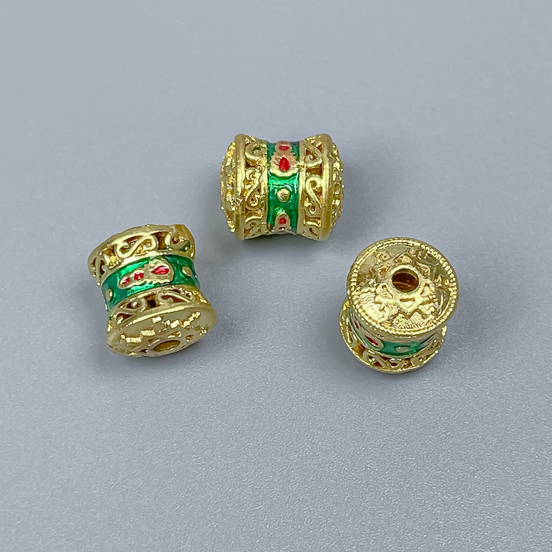 Cloisonné bead component, cylindrical, green and red enamel, size 8x10 mm, hole diameter 2 mm, gold-tone metal color, 1 pc