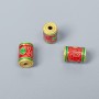 Cloisonné Bead Cylindrical, Red and Green Enamel, 6x9 mm, hole diameter 1.5 mm, gold-toned metal, 1 piece