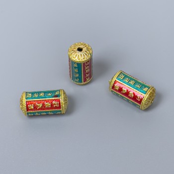 Cloisonné Bead Cylindrical, Green and Red Enamel, diameter 7×14 mm, hole diameter about 1.5 mm, gold-tone metal color, 1 pc