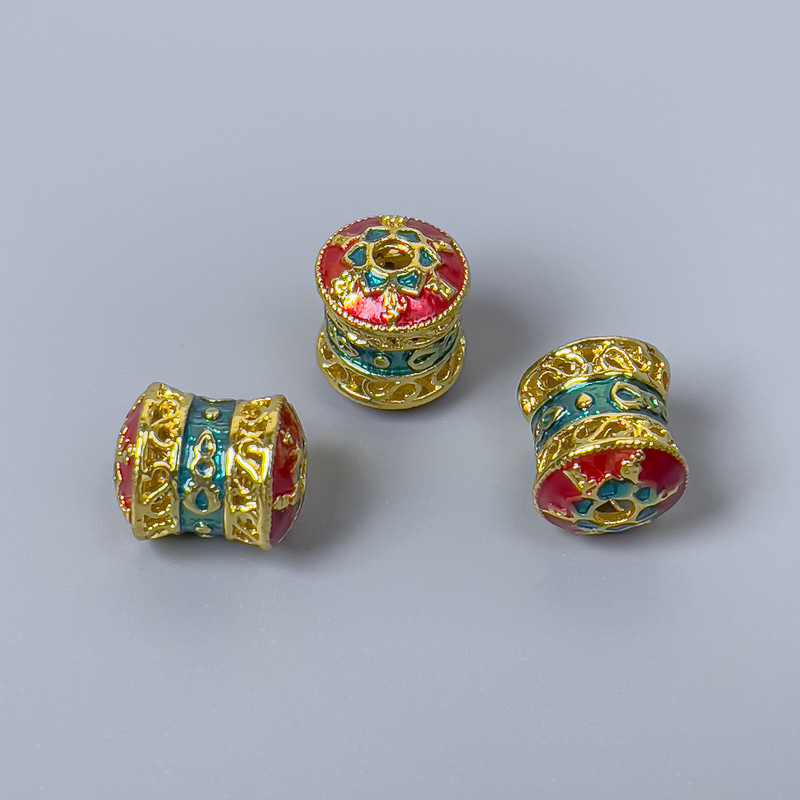 Cloisonné Bead, Cylindrical, Green and Red Enamel, 8x10 mm, hole diameter ~1.8 mm, gold-tone metal, 1 pc