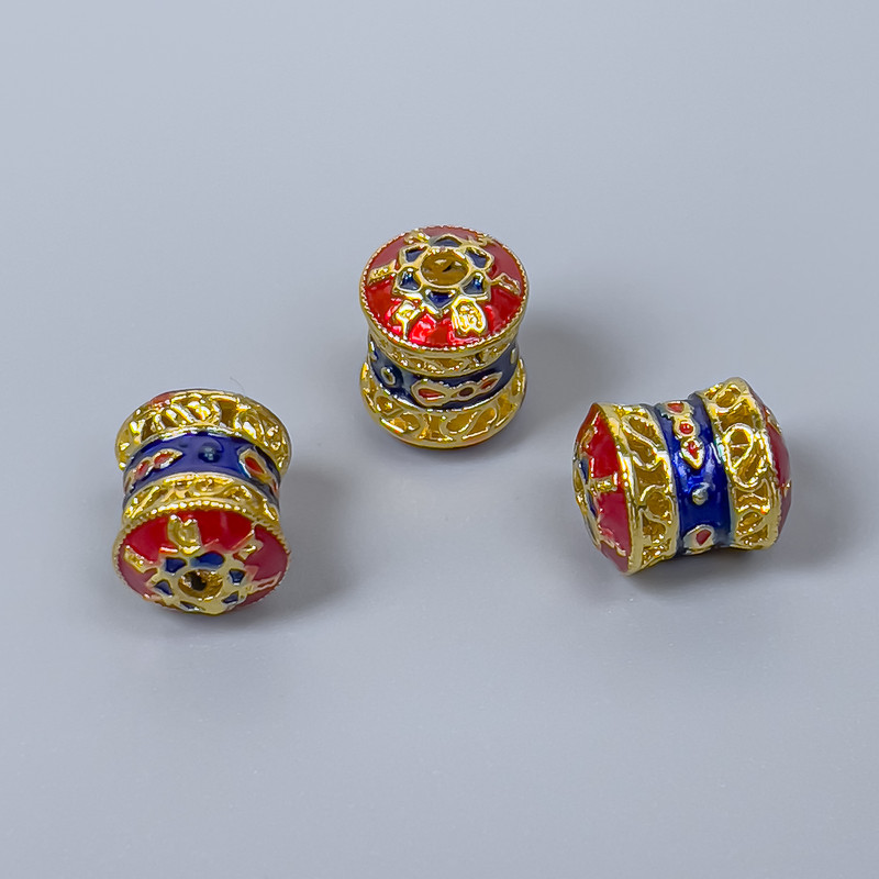 Cloisonné Bead - Cylindrical, blue and red enamel, diameter 8x10 mm, hole diameter 1.8 mm, gold-tone metal color, 1 piece