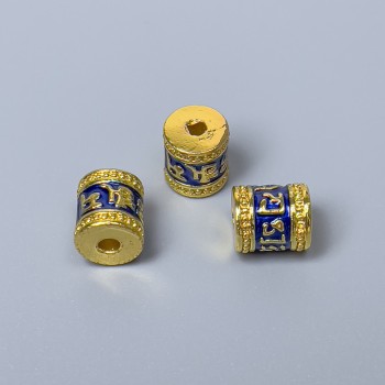 Cloisonné Bead, Cylindrical, Blue Enamel, 8×10 mm, hole diameter about 1.8 mm, gold-tone metal color, 1 pc