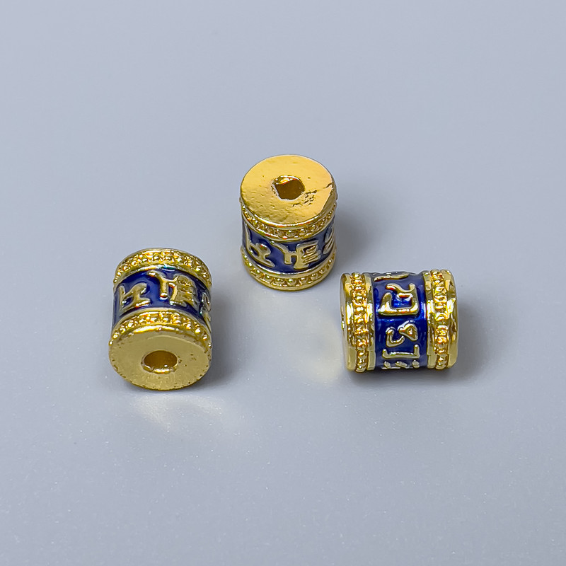 Cloisonné Bead, Cylindrical, Blue Enamel, 8×10 mm, hole diameter about 1.8 mm, gold-tone metal color, 1 pc