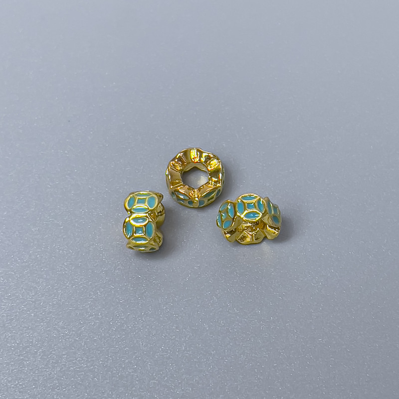 Cloisonne Rondelle Bead, Green Enamel, 6x3mm, hole diameter 2.8mm, gold-tone metal, 1 pc
