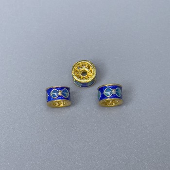 Cloisonné Rondelle Bead, Blue and Light Blue Enamel, Gold-Tone Metal, 6x4 mm, 1 pc