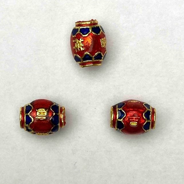 Cloisonné Bead, Barrel-shaped, Red and Blue Enamel, 8x10 mm, ± Hole Diameter 1.8 mm, Gold-tone Metal, 1 pc