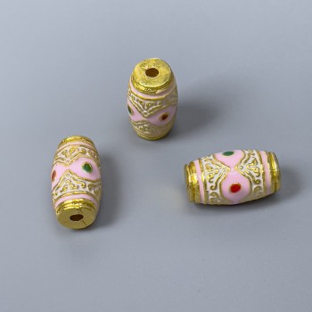 Cloisonné barrel bead, pink, green and red enamel, 8x14 mm, ~2 mm hole, gold-colored metal, 1 pc