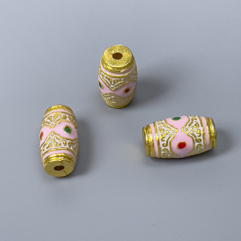 Cloisonné barrel bead, pink, green and red enamel, 8x14 mm, ~2 mm hole, gold-colored metal, 1 pc
