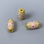 Cloisonné barrel bead, pink, green and red enamel, 8x14 mm, ~2 mm hole, gold-colored metal, 1 pc