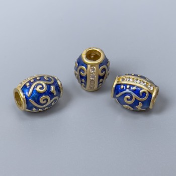 Cloisonné Barrel Bead, Blue Enamel with White Crystals, Diameter 10x8 mm, Hole Diameter 3 mm, Gold-tone Metal, 1 pc