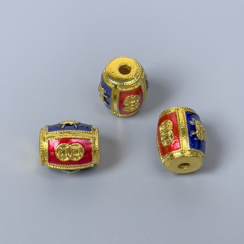 Cloisonné Barrel Bead Findings, red and blue enamel, 9×11 mm diameter, hole diameter about 1.8 mm, golden metal color, 1 pc