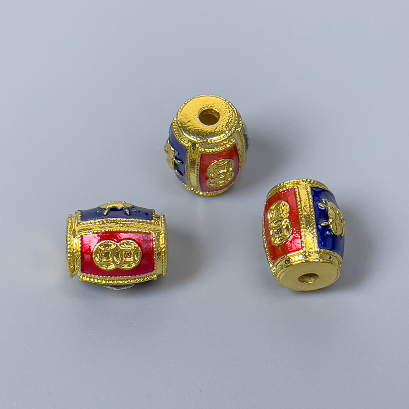 Cloisonné Barrel Bead Findings, red and blue enamel, 9×11 mm diameter, hole diameter about 1.8 mm, golden metal color, 1 pc
