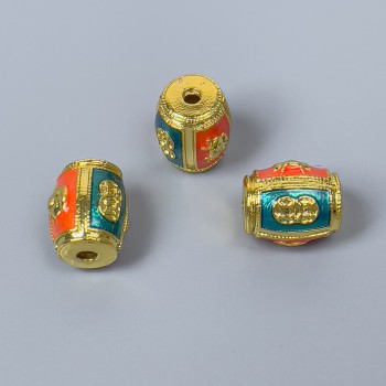 Cloisonné bead, barrel-shaped, orange and turquoise enamel, 9x11 mm, hole diameter 1.8 mm, gold-tone metal, 1 pc