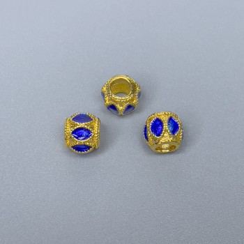 Cloisonné Bead Blue Enamel, 6×7 mm, hole 3.5 mm, gold-tone metal color, 1 pc
