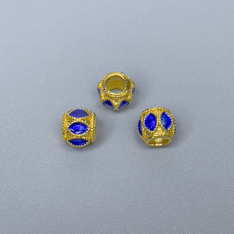 Cloisonné Bead Blue Enamel, 6×7 mm, hole 3.5 mm, gold-tone metal color, 1 pc