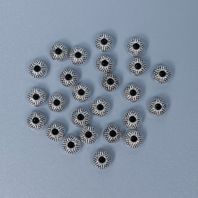 Bead-insert fittings, silver-tone, 5×3 mm, hole diameter about 1.8 mm, packaging 20 g (~80 pcs)